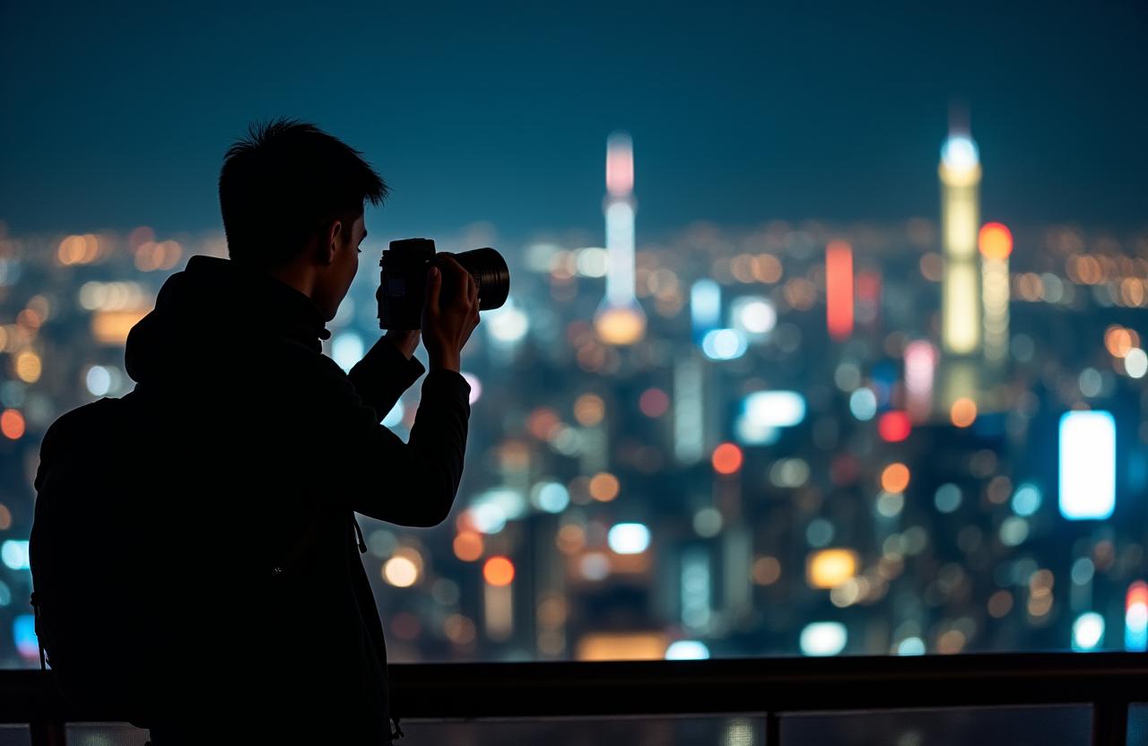 夜景に輝く東京の街並みを背景に、カメラを構えるフォトグラファーのシルエット