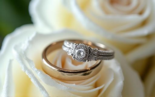 結婚指輪とブーケの美しいディテールショット