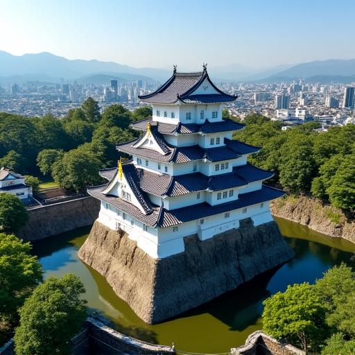 日本の歴史的な城を空から撮影したドローン映像の一コマ