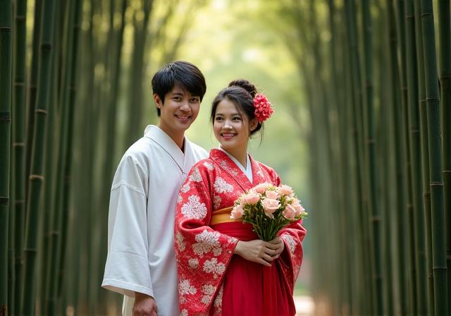京都の竹林で和装の新郎新婦が微笑み合う